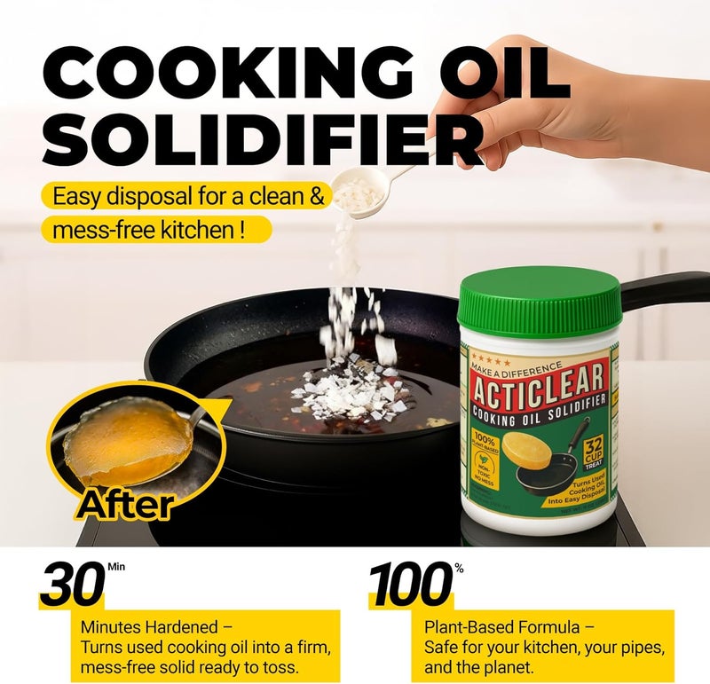 ACTICLEAR Cooking Oil Solidifier - 11oz (32 Cups) Algae-Based Grease Hardener for Easy Disposal, Turns Used Cooking Oils to Solid Waste, Kitchen Fry Oil Solution (2.2 Gallons) - Image 2